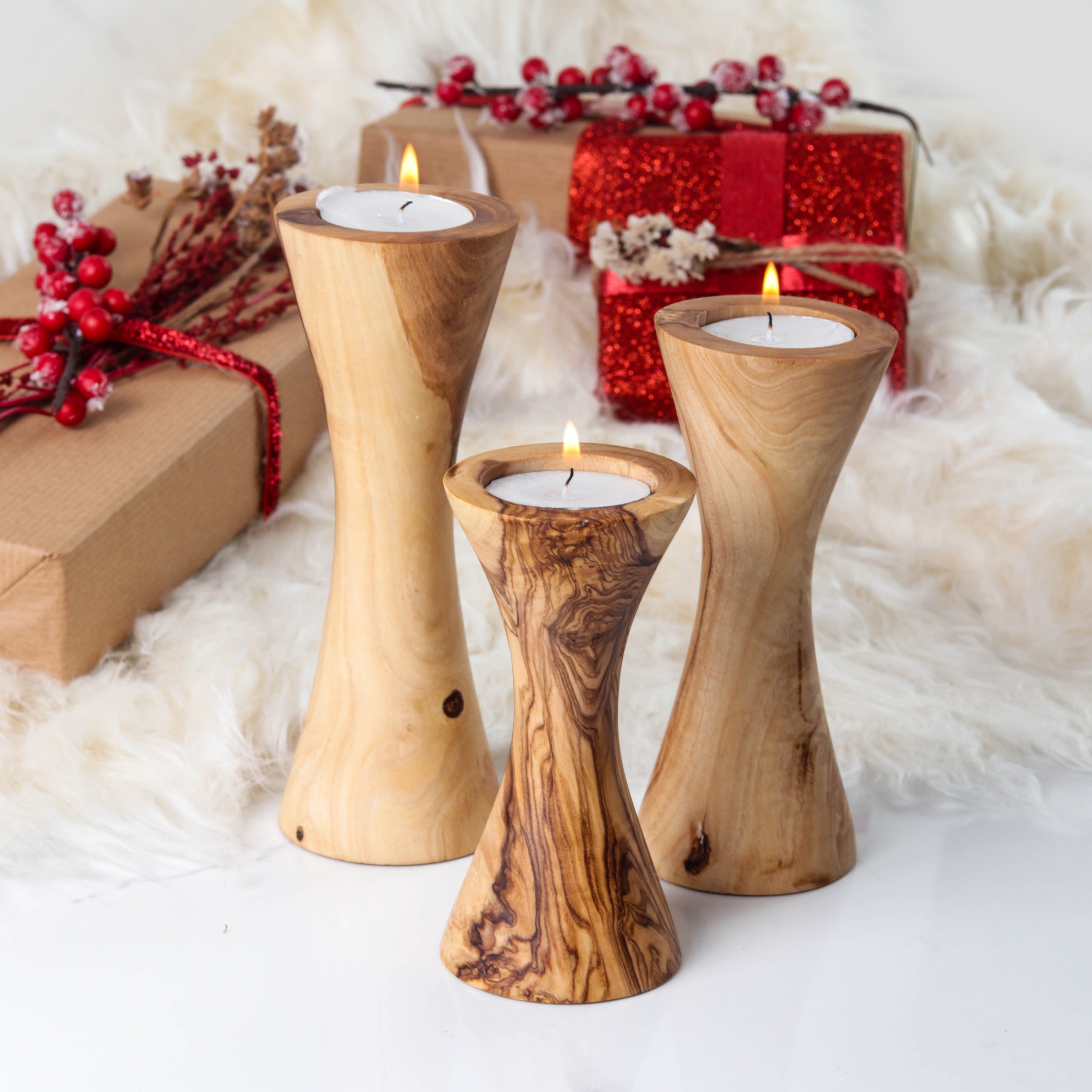 Set of 3 Wooden Candle Holders made of Tunisian Olive Wood - ArtisRaw